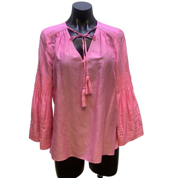 Kobi Halperin Pink Blouse With Embroidered Bell Sleeves, Size Small - Picture 1 of 6